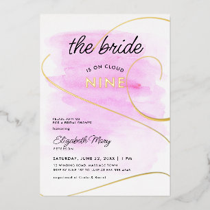 Invitación Con Relieve Metalizado Novia en Nube 9 Acuarela Dorada Bridal Shower