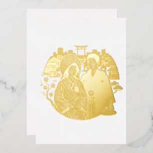 Invitación Con Relieve Metalizado Novia y novio de boda shinto japonesa