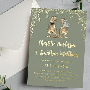 Invitación Con Relieve Metalizado Novia y Novio Dinosaurio Boda Verde Salvia y Oro