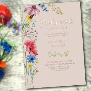 Invitación Con Relieve Metalizado Novias de Flores Silvestres Luncheon Rosa Floral O