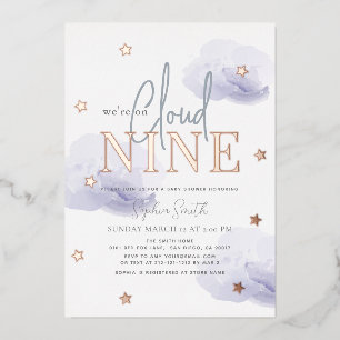 Invitación Con Relieve Metalizado Nube 9 Nubes de Lavanda Aquarela Shower de Niño