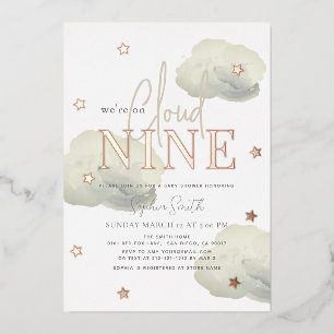Invitación Con Relieve Metalizado Nube 9 Nubes Doradas Acuarela Baby Shower