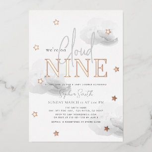 Invitación Con Relieve Metalizado Nube 9 Nubes Gris Watercolor Baby Shower