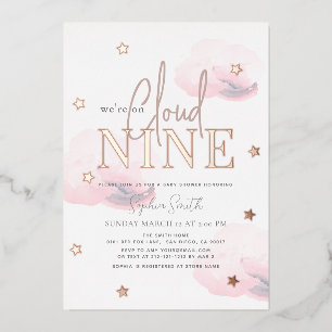 Invitación Con Relieve Metalizado Nube 9 Nubes Rosadas Acuarela Shower de Bebé Niña