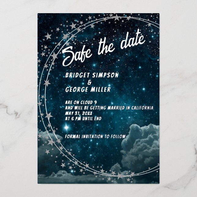 Invitación Con Relieve Metalizado nube de galaxia azul 9 boda a salvo la fecha (Anverso)