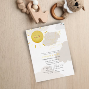 Invitación Con Relieve Metalizado Nube de Rayo de Sol Shower de Bebé Neutral en Géne