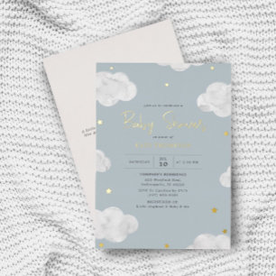 Invitación Con Relieve Metalizado Nubes acuarelas Blue Gray Boy Baby Shower Gold