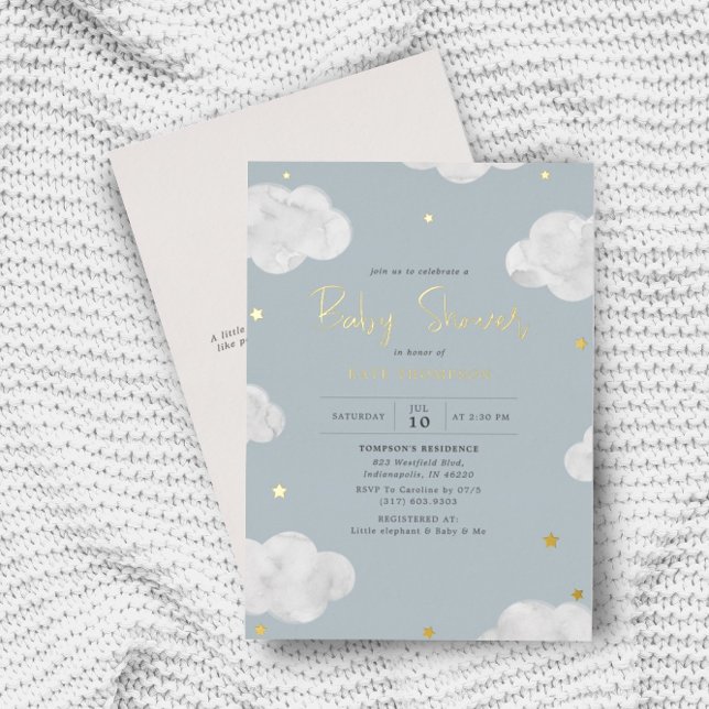 Invitación Con Relieve Metalizado Nubes acuarelas Blue Gray Boy Baby Shower Gold (Subido por el creador)