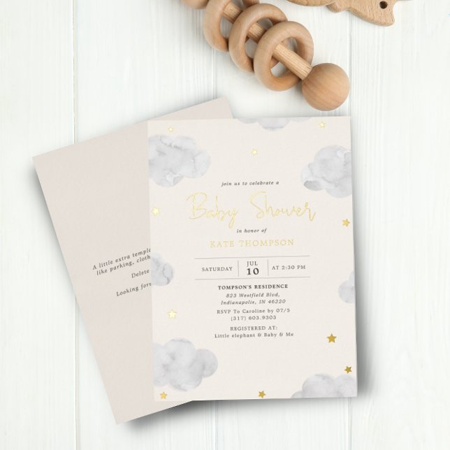Invitación Con Relieve Metalizado Nubes acuarelas Crema Neutral Baby Shower Gold (Subido por el creador)