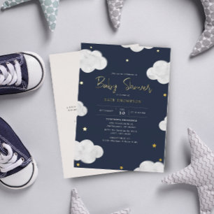 Invitación Con Relieve Metalizado Nubes de Acuarela Azul Oscuro Shower de Niño Dorad