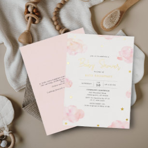 Invitación Con Relieve Metalizado Nubes de acuarela rosa rubor Niña Ducha de bebé Do