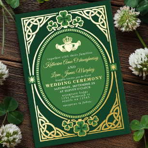 Invitación Con Relieve Metalizado Nudo Celta Claddagh Trébol Boda Verde 