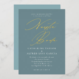 Invitación Con Relieve Metalizado Nuestra Boda Guión Azul Idioma Español Boda