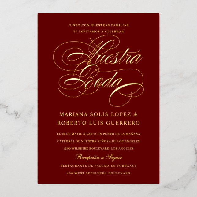 Invitación Con Relieve Metalizado Nuestra Boda Maroon Gold (Anverso)