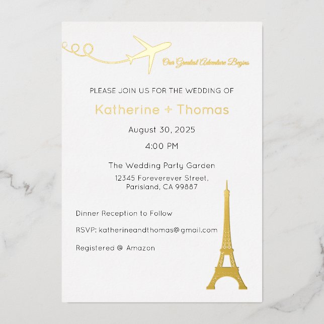 Invitación Con Relieve Metalizado Nuestra mayor aventura comienza la invitación, Par (Anverso)