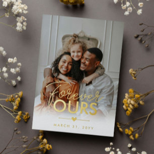 Invitación Con Relieve Metalizado Nuestra Para Siempre Corazón de Oro Foto Adopción