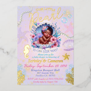 Invitación Con Relieve Metalizado Nuestra pequeña Pearl Baby Girl Seashell Baby Show