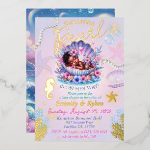 Invitación Con Relieve Metalizado Nuestra pequeña Pearl Pastel Seashell Baby Shower