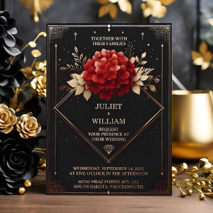 Invitación Con Relieve Metalizado Nuestro jardín de rosas diamante rojo negro y oro
