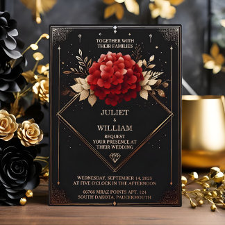 Invitación Con Relieve Metalizado Nuestro jardín de rosas diamante rojo negro y oro