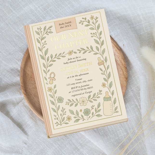Invitación Con Relieve Metalizado Nuestro próximo capítulo: Baby Shower de novela de (A new chapter begins Gold Foil, Book Themed Baby Shower Invitation with Vintage Floral Details)