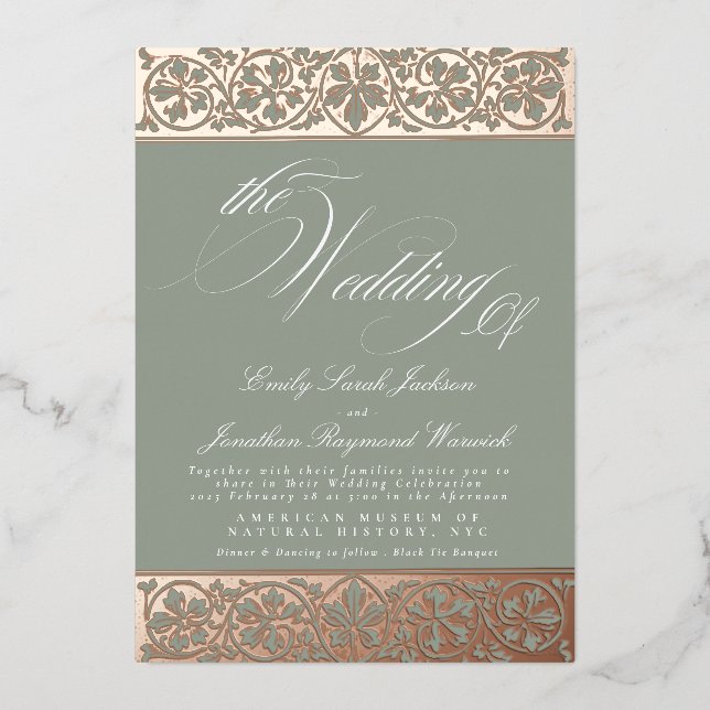 Invitación Con Relieve Metalizado Nuevo caligrafía formal elegante estilo clásico (Anverso)