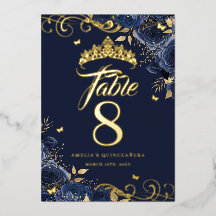 Número de mesa dorado Navy Rose Swirl Quinceanera 