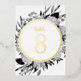 Invitación Con Relieve Metalizado Número de mesa floral acuarela gris dorado para bo