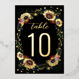 Invitación Con Relieve Metalizado Números de mesa con flores esbozadas boho negro lá