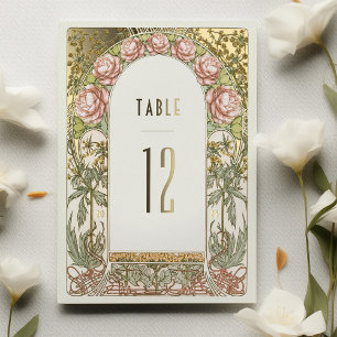 Invitación Con Relieve Metalizado Números de mesa de boda vintage con peonías dorada