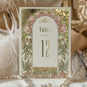 Invitación Con Relieve Metalizado Números de mesa de boda vintage con peonías dorada