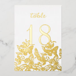 Invitación Con Relieve Metalizado Números de mesa en oro con mariposas boho dibujada