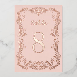 Invitación Con Relieve Metalizado Números de mesa en rosa oro con boceto boho orname