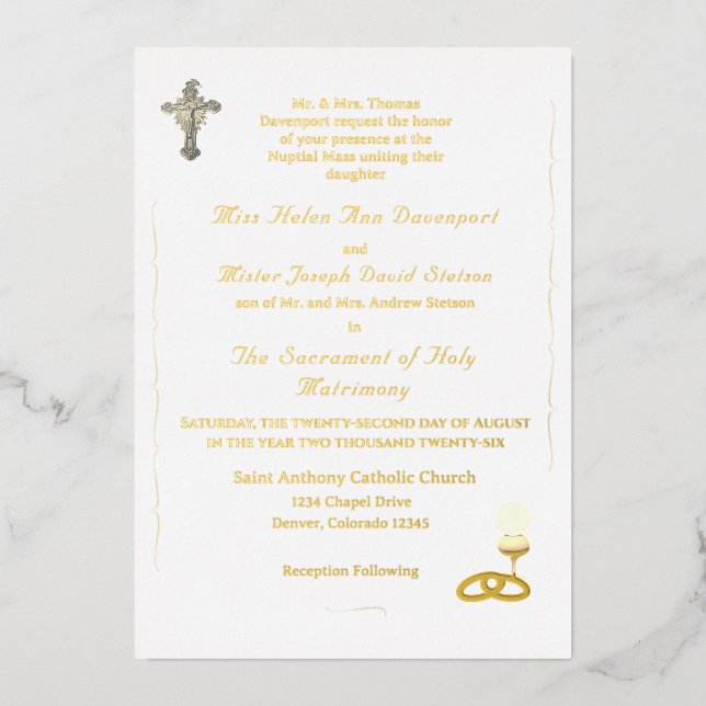 Invitación Con Relieve Metalizado Nuptial Grace Catholic Wedding Invitation (Anverso)