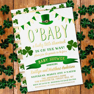 Invitación Con Relieve Metalizado O'Baby Día de San Patricio Baby Shower Real