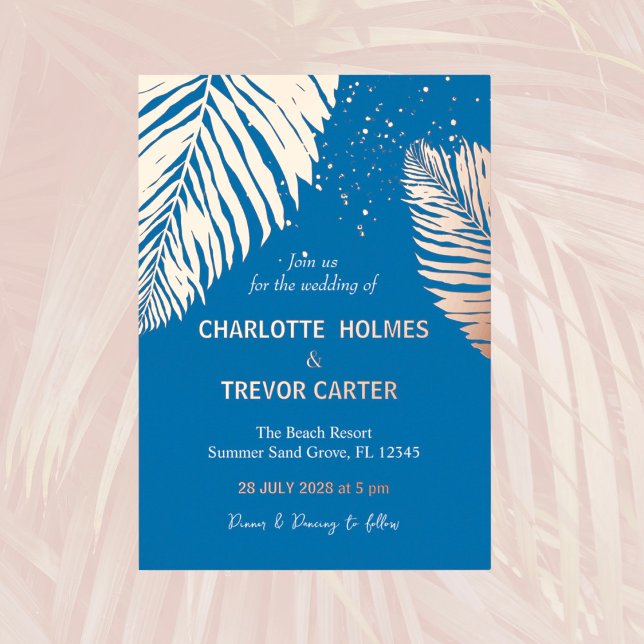 Invitación Con Relieve Metalizado Ocean Blue Tropical Palms Beach Wedding Gold (Subido por el creador)