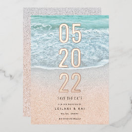 Invitación Con Relieve Metalizado Océano tropical y playa de arena salvan el Relieve