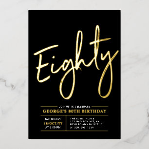 Invitación Con Relieve Metalizado Ochenta Fiesta de cumpleaños moderna dorada y ne