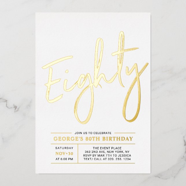 Invitación Con Relieve Metalizado Ochenta | Modern Gold 80th Birthday Party (Anverso)