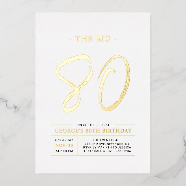 Invitación Con Relieve Metalizado Ochenta | Modern Gold 80th Birthday Party (Anverso)