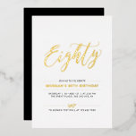 Invitación Con Relieve Metalizado Ochenta | Modern Simple Gold 80th Birthday Party<br><div class="desc">Celebra tu día especial con esta elegante invitación al Relieve metalizado de la fiesta de cumpleaños número 80. Este diseño presenta un Relieve metalizado de moda dorado "Ochenta" con un diseño limpio. Hay más diseños y suministros de fiesta disponibles en mi tienda BaraBomDesign.</div>