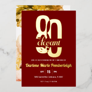 Invitación Con Relieve Metalizado Ochenta y Elegante Peonía Cumpleaños 80 Rubí Rojo