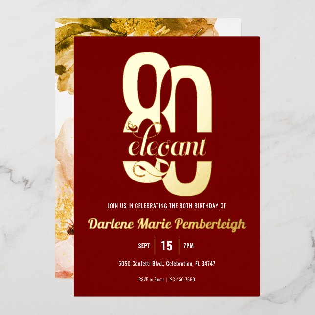 Invitación Con Relieve Metalizado Ochenta y elegante Peony 80 cumpleaños rubí oro ro (Anverso/Reverso)