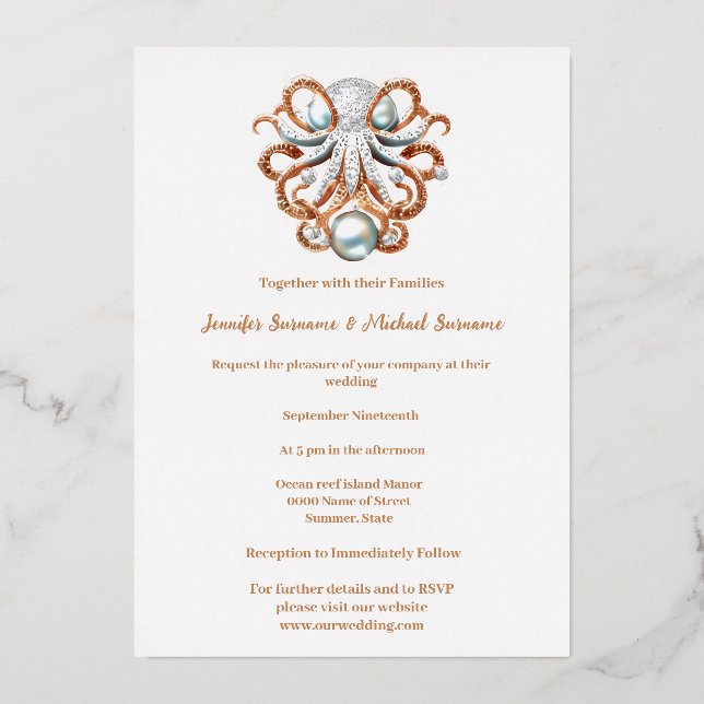 Invitación Con Relieve Metalizado Octopus perla náutica temática moda minimalista (Anverso)