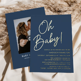 Invitación Con Relieve Metalizado Oh Baby Azul Marino y Dorado Texto Foto Baby Showe