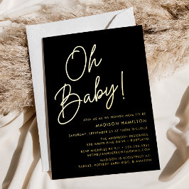 Invitación Con Relieve Metalizado Oh Baby Black and Gold Script Baby Shower