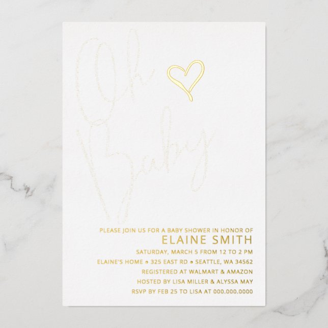 Invitación Con Relieve Metalizado Oh Baby Cute Gender Neutral Baby Shower (Anverso)
