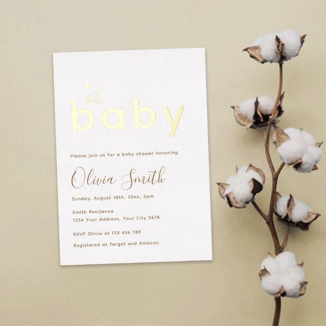 Invitación Con Relieve Metalizado Oh Baby Gold Baby Shower (Subido por el creador)