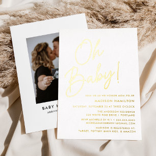 Invitación Con Relieve Metalizado Oh Baby Gold Script Foto Baby Shower