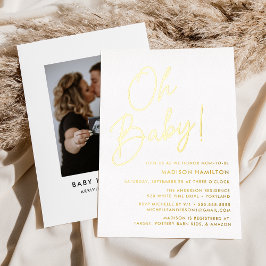 Invitación Con Relieve Metalizado Oh Baby Gold Script Photo Baby Shower